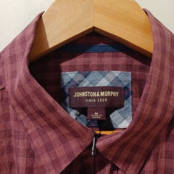NWT JOHNSTON & MURPHY Button Down Shirt Burgundy Plaid Size M Work Business - Picture 3 of 8